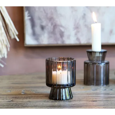Photophore en verre moka avec chandelle et chauffe-plat allumées
