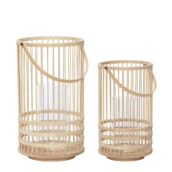 Lot de 2 lanternes en bambou naturel avec cylindre en verre – grand et petit modèle